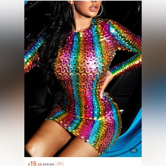 SHEIN Rainbow striped Metallic Mini Dress Hollow Out Bodycon party rare unique - Picture 1 of 8